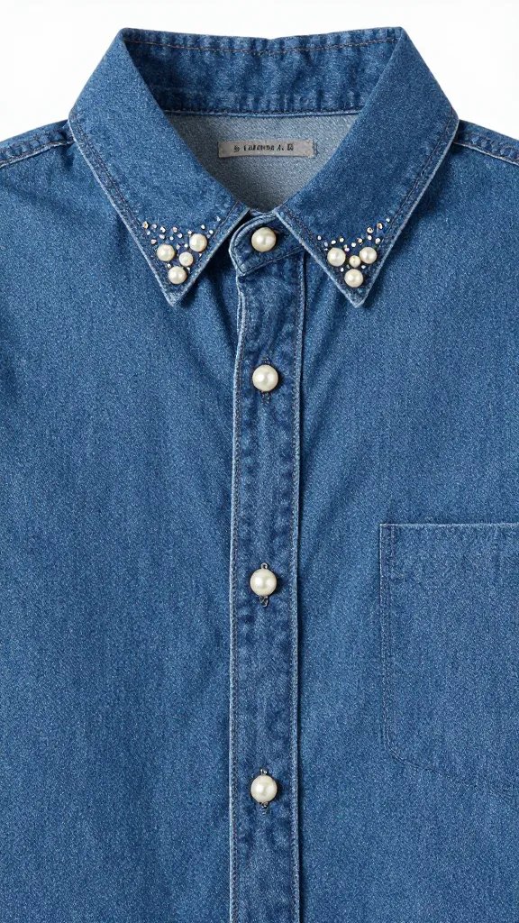 closeup pearl-snap denim shirt with subtle rhinestone yoke