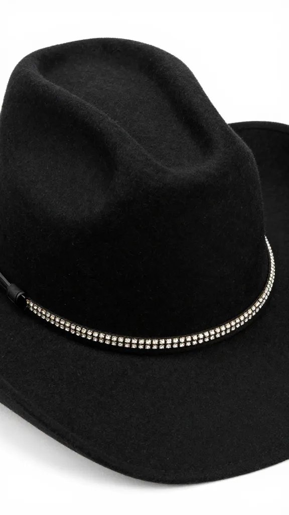 closeup black felt cowboy hat with narrow rhinestone band