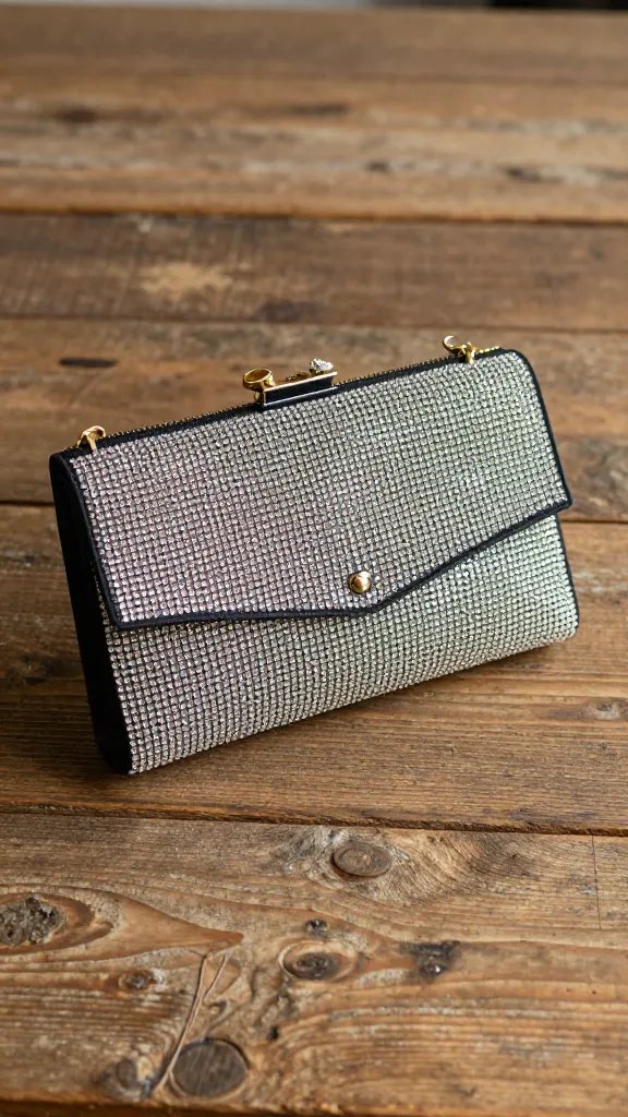 single rhinestone-studded clutch on rustic wood table