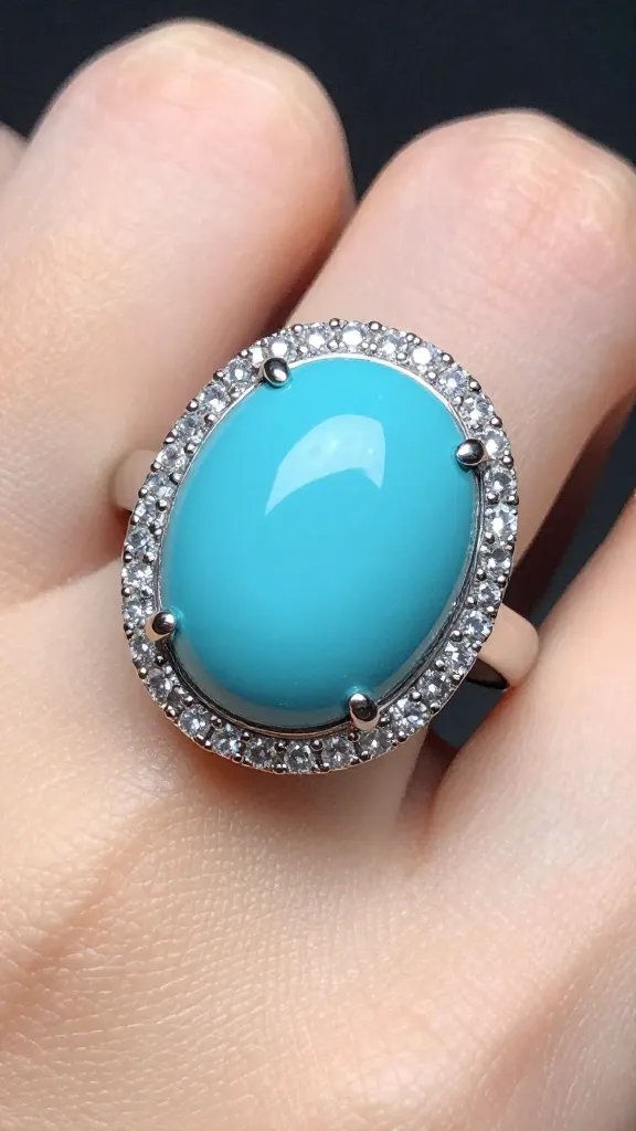 closeup turquoise ring with tiny rhinestone halo