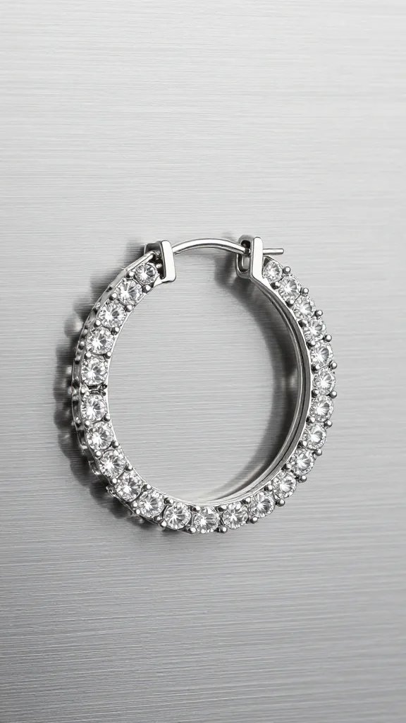 rhinestone hoop earring against brushed metal background