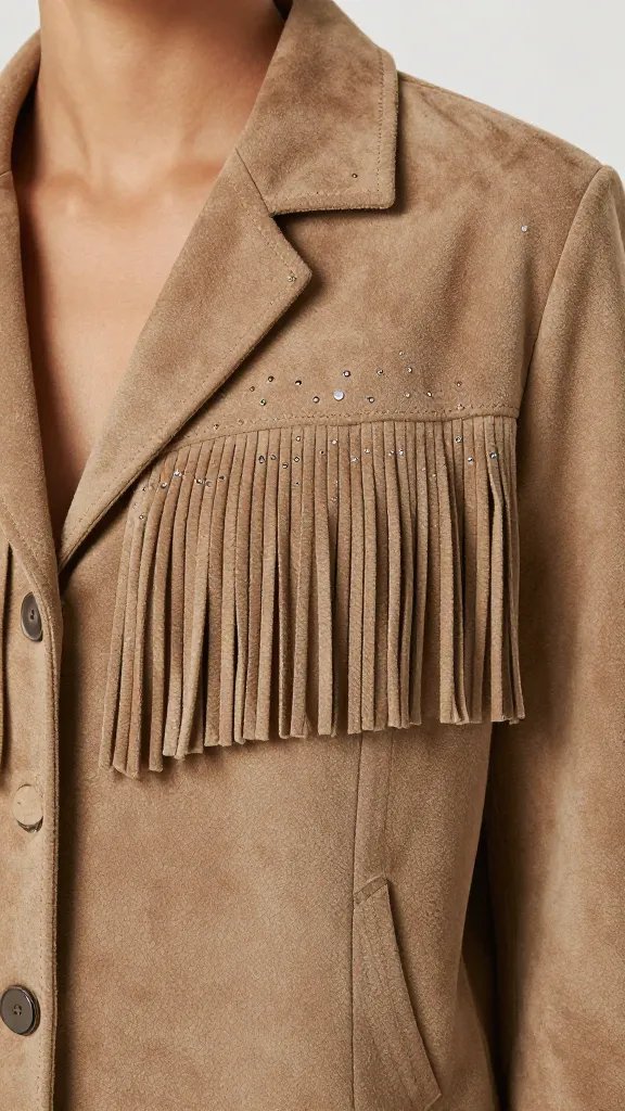closeup suede fringe jacket with sparse rhinestone accents