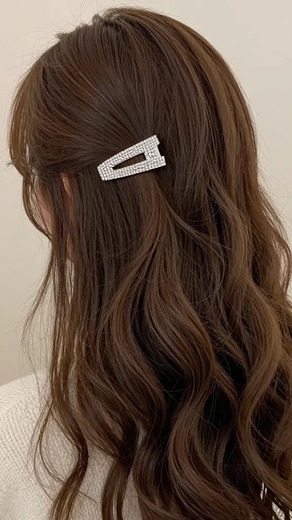 single rhinestone hair clip on softly curled brunette hair