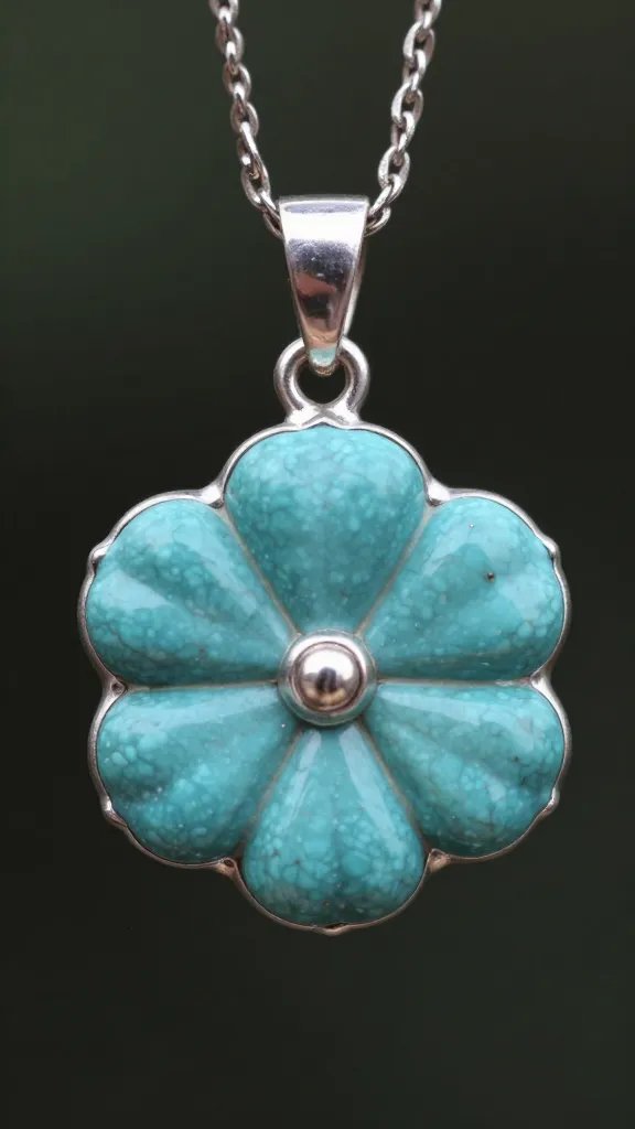 closeup turquoise squash blossom pendant on oxidized silver chain