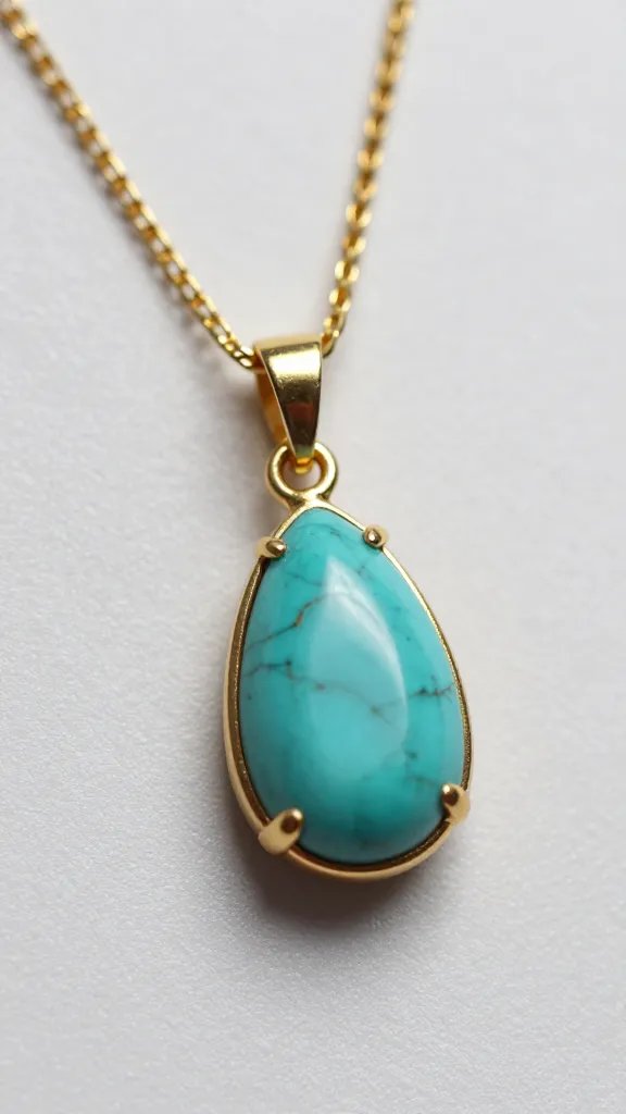 thin gold box chain beside turquoise teardrop pendant, macro