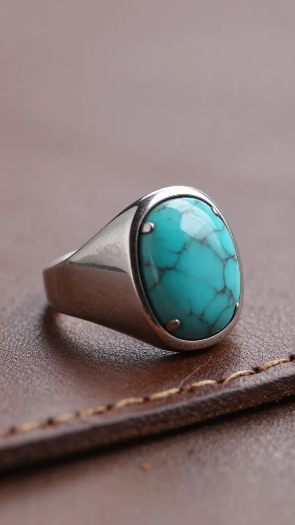 single turquoise signet ring on weathered leather, soft light