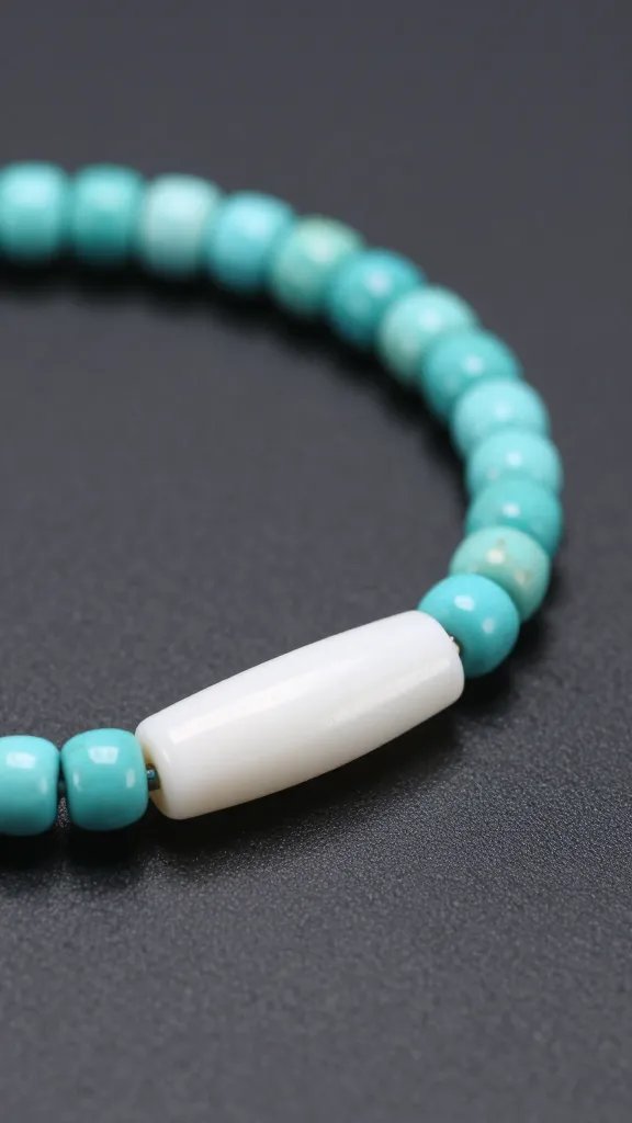 delicate seed-bead turquoise bracelet clasp detail, white sweep