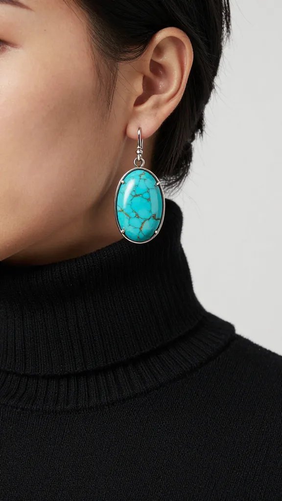 single oval turquoise drop earring against black turtleneck