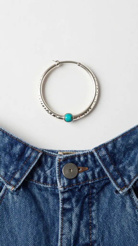hammered silver hoop with inset turquoise on denim collar
