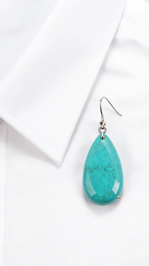 teardrop turquoise dangle earring beside crisp white shirt collar