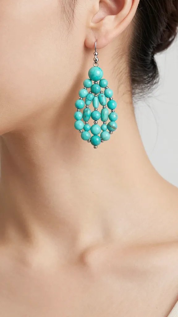 single turquoise chandelier earring against smooth bare neckline