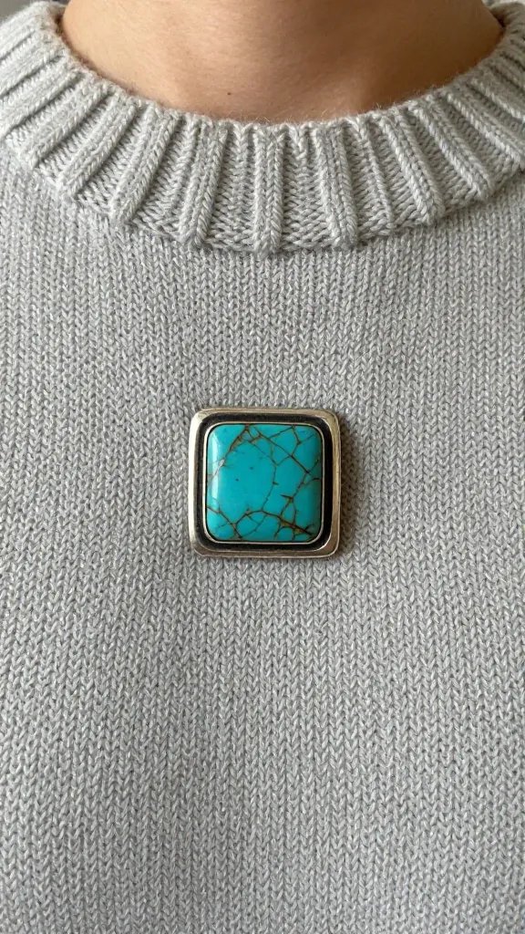 square turquoise stud framed in oxidized silver on knit sweater