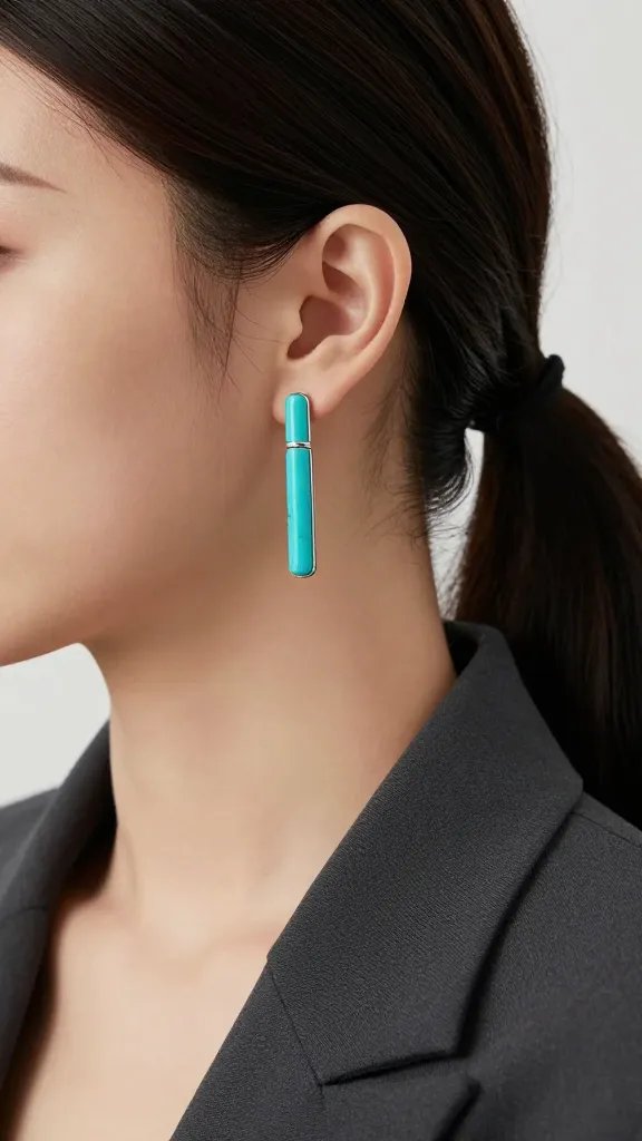 elongated turquoise bar earring near sleek ponytail and blazer