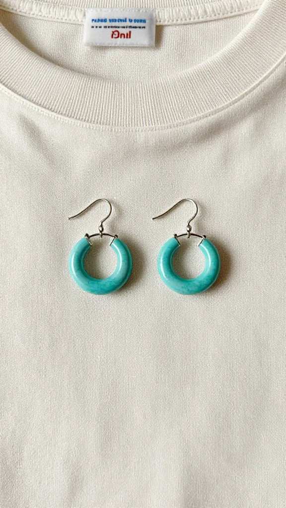 petite turquoise hoop earring against neutral cotton tee