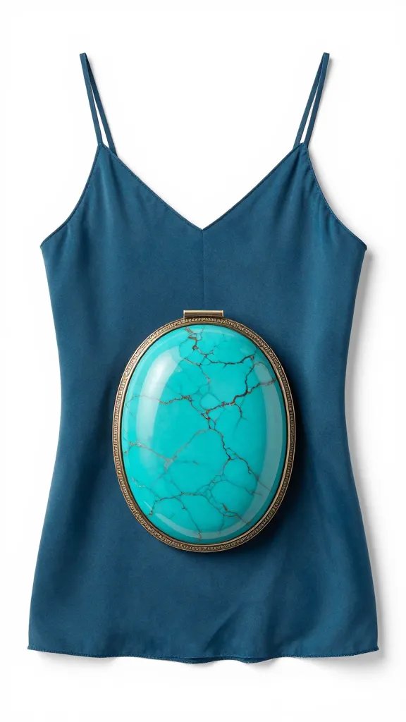 large cabochon turquoise clip-on against silk slip neckline
