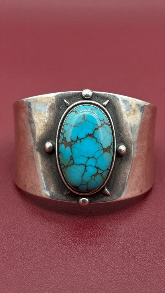 closeup Navajo silver turquoise cuff on aged leather