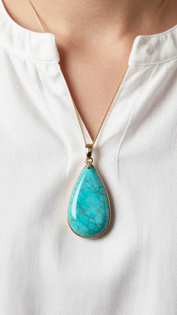 single teardrop turquoise pendant on white linen blouse