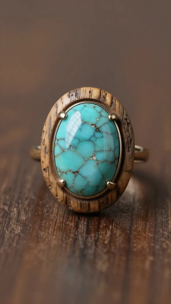 oval turquoise cabochon ring on rustic wood