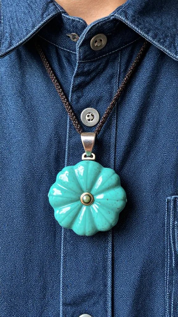 single turquoise squash blossom pendant on denim shirt