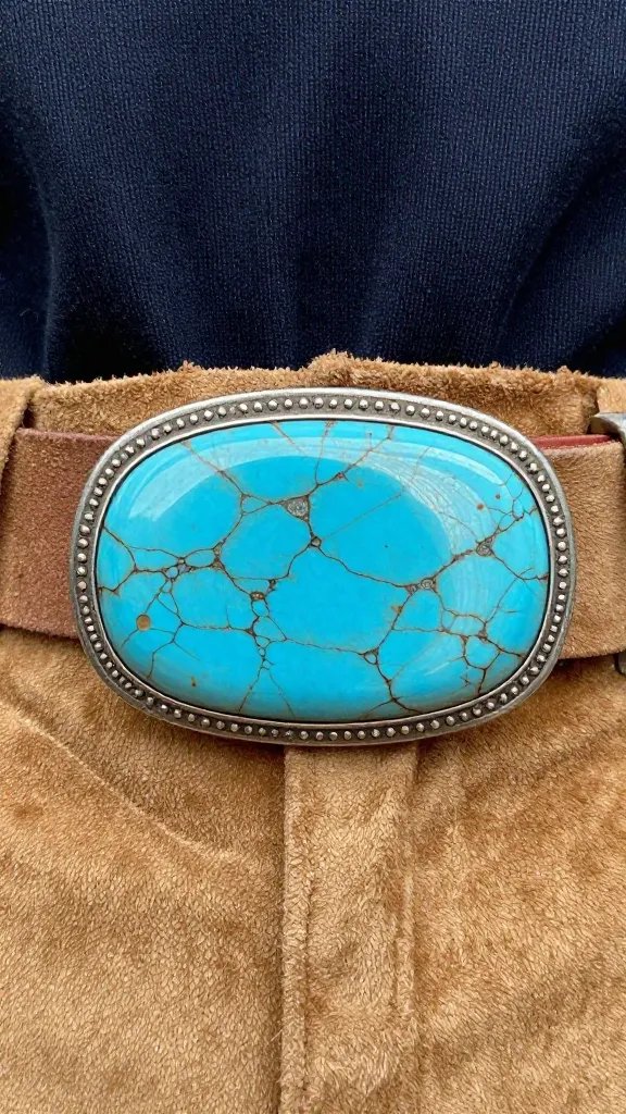 vintage Kingman turquoise belt buckle on tan suede