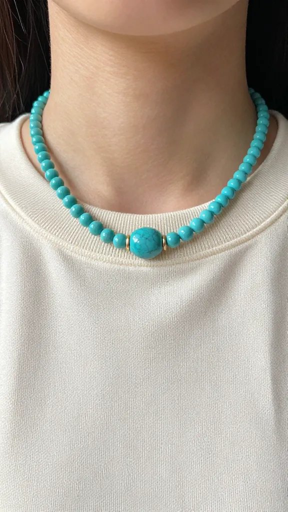 single turquoise heishi bead choker on ivory knit