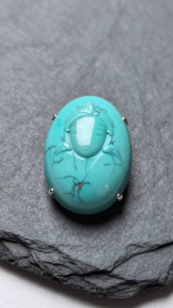 polished Sleeping Beauty turquoise cabochon on gray slate