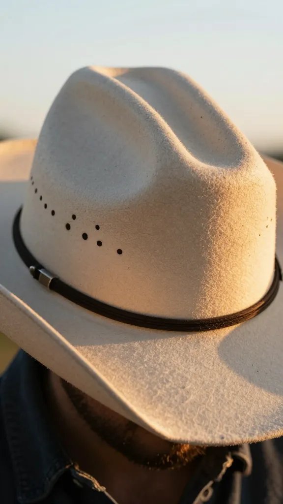 sweat-speckled felt cowboy hat brim in sunrise light