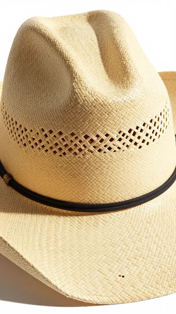 sunlit straw cowboy hat crown with tight weave, closeup