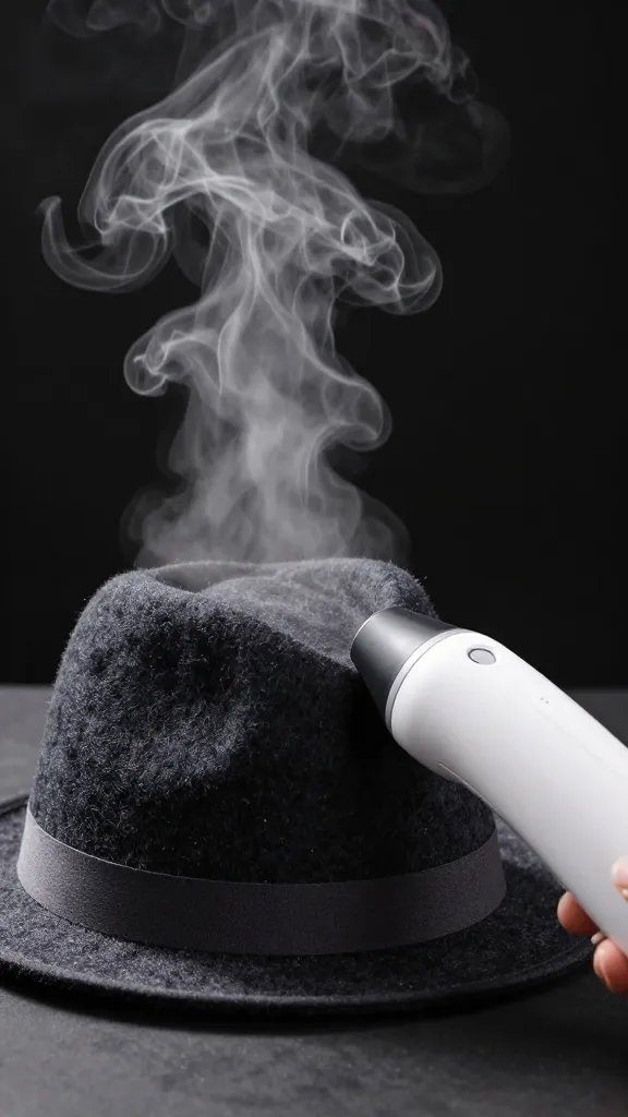 steam rising from felt hat under garment steamer nozzle