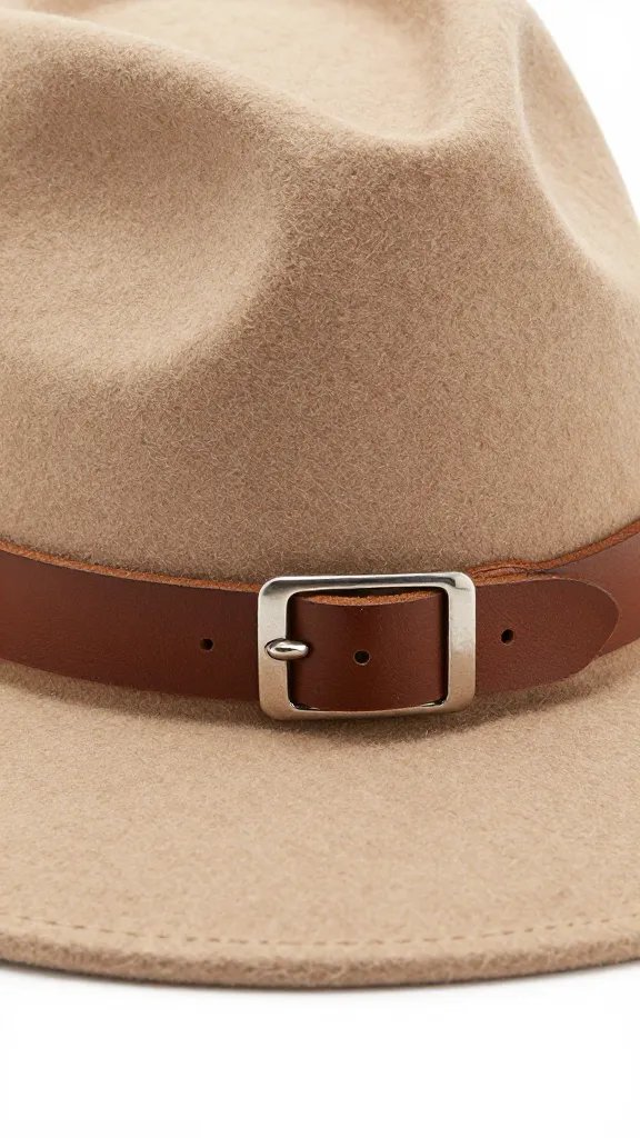 leather hatband with silver buckle on tan felt hat