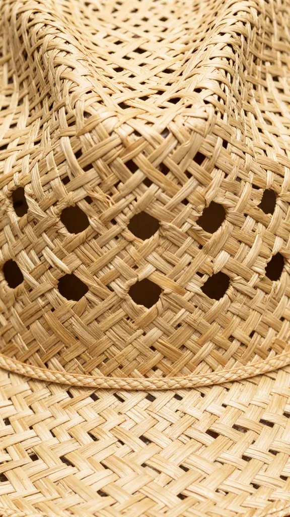 sweat-stained straw hat vent holes, high-detail macro
