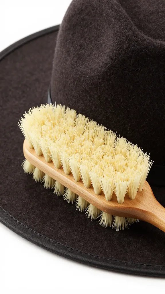 soft horsehair brush cleaning dark felt hat, closeup