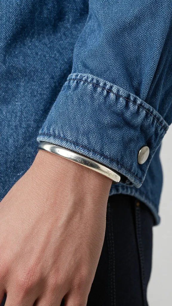 weathered sterling everyday ring on denim work shirt cuff