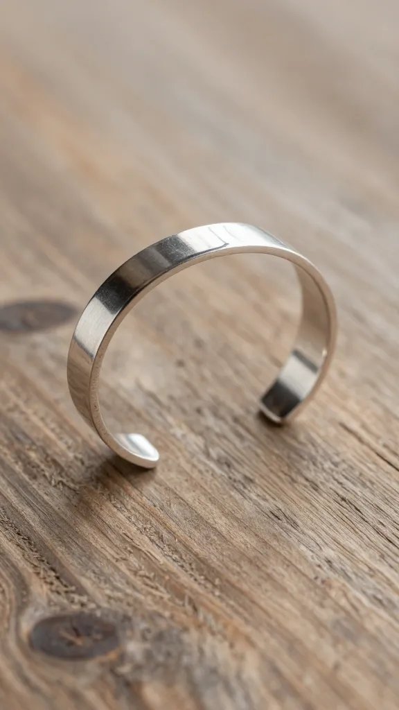 slim silver cuff resting on barn wood plank