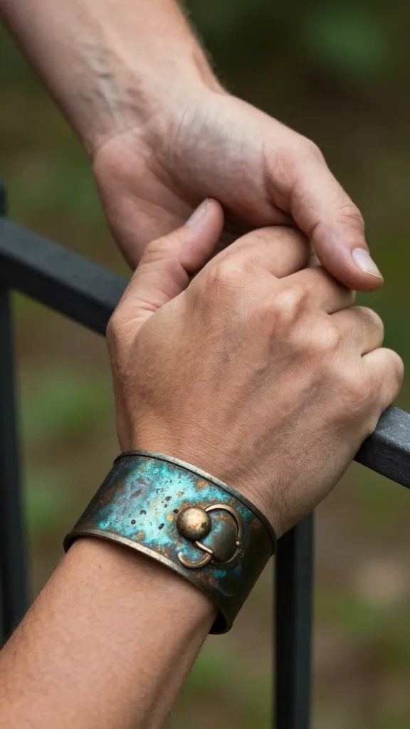 heavy patina cuff on calloused hand gripping fence rail