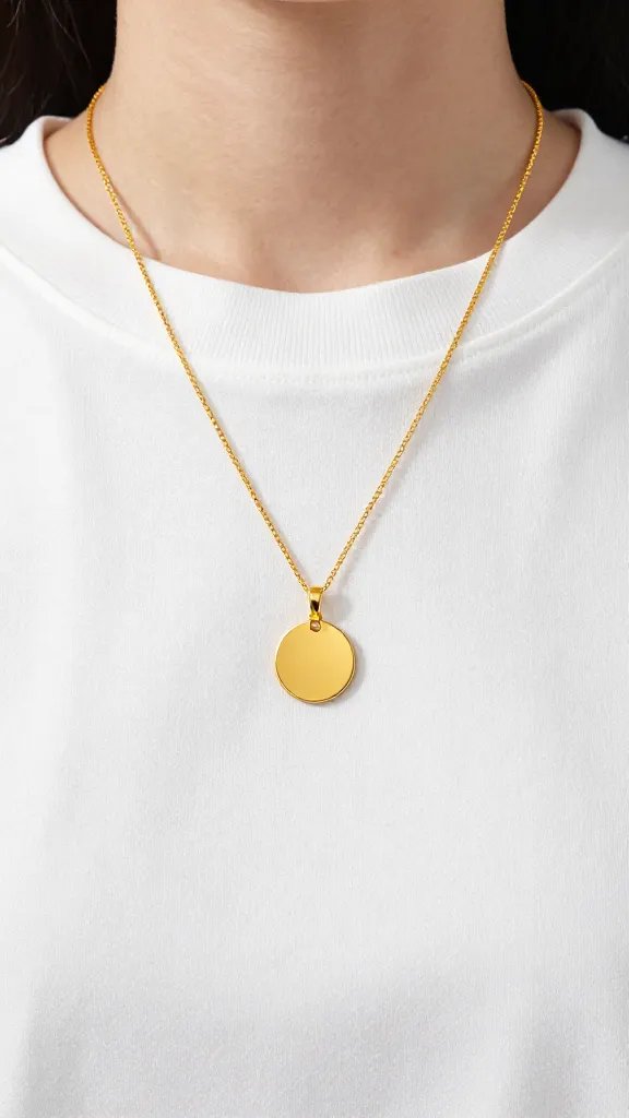 simple gold pendant on white cotton tee neckline