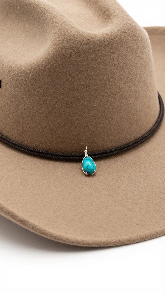 single turquoise drop earring on felt cowboy hat brim