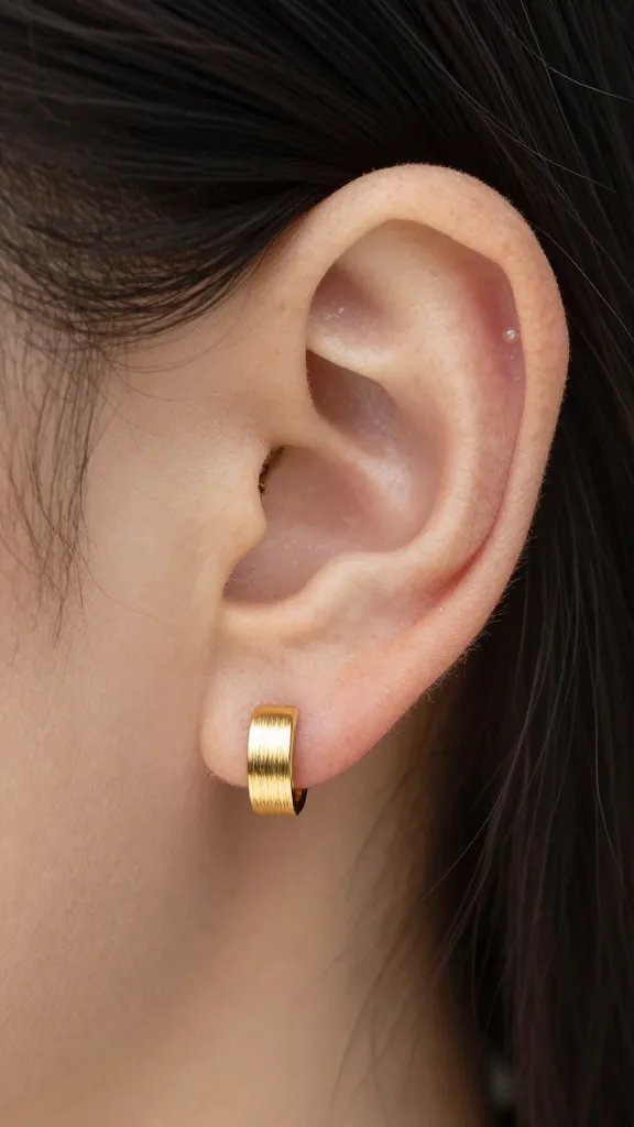 brushed gold stud earring on freckled earlobe, natural light