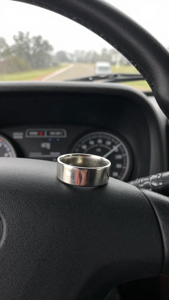 rain-speckled silver ring on steering wheel, farm truck