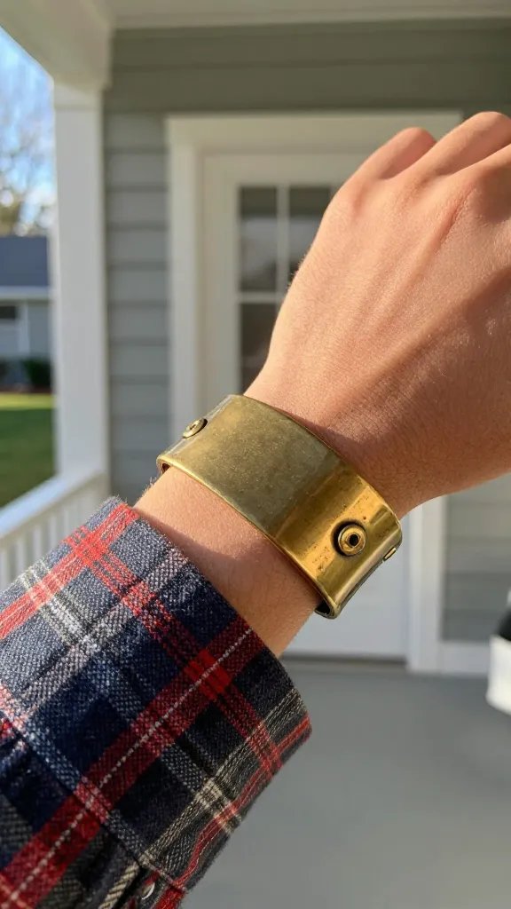 scuffed brass cuff on flannel sleeve, morning porch light