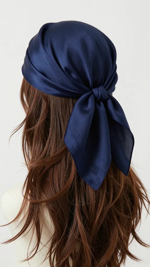 oversized navy silk bandana head wrap, windblown hair