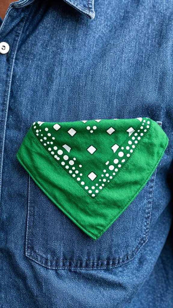 forest green bandana peeking from denim shirt pocket