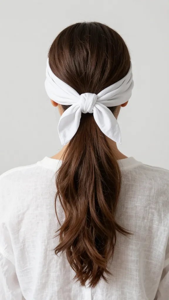 white linen bandana top knot on brunette ponytail