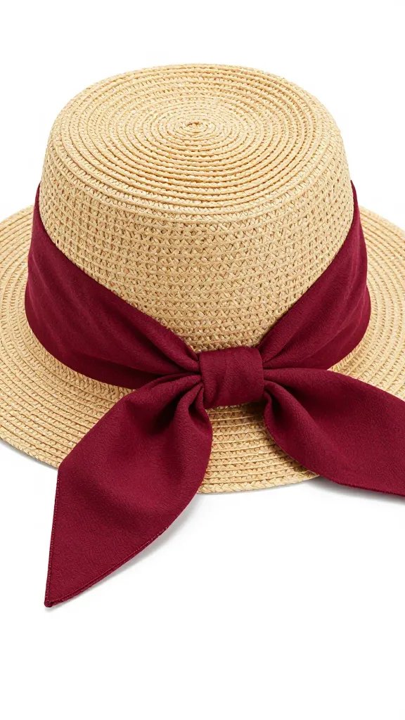 burgundy bandana bow around straw hat crown