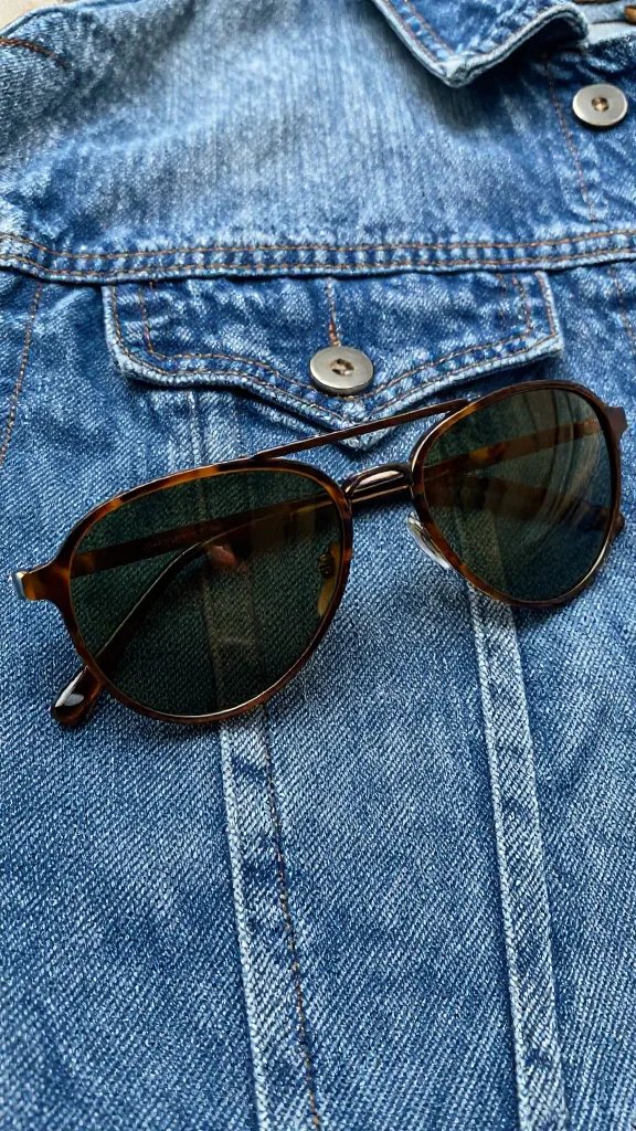 closeup tortoise aviator sunglasses on raw denim jacket