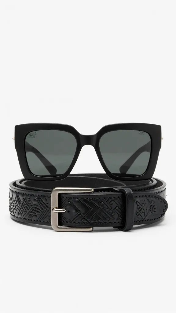 matte black square-frame sunglasses on tooled leather belt