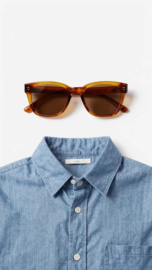 amber lens rectangle sunglasses on chambray work shirt