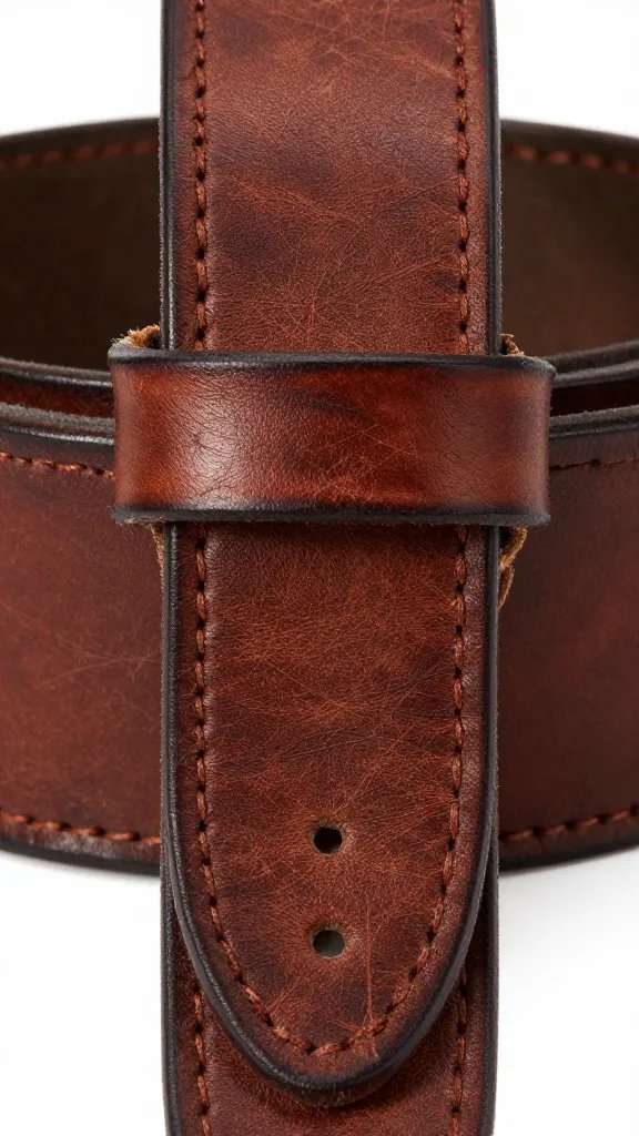 closeup of weathered tooled leather belt with stitched edges