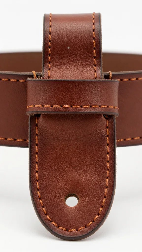 leather ranger belt keeper, hand-stitched, macro shot