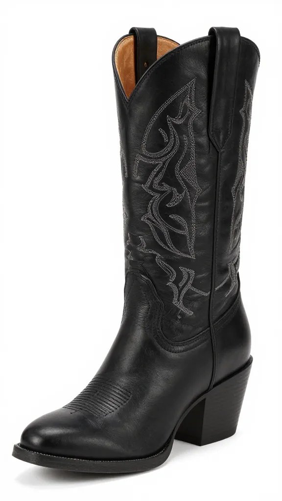 closeup black leather cowboy boot with stacked heel